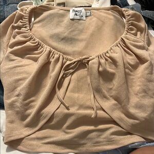 Princess Polly Tan Ruched Tie Front Cap Sleeve Blouse